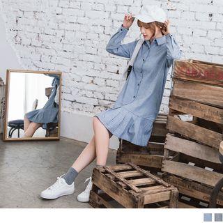 Long Sleeve Pleated Hem Striped Shirtdress