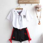 Set: Short-sleeve Cat Embroidery Top + Heart Embroidery Shorts