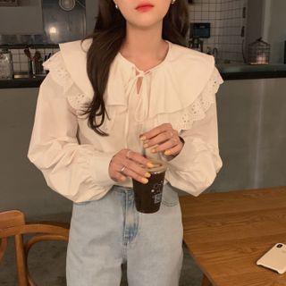 Long-sleeve Layered Collared Plain Blouse White - One Size