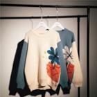 Round-neck Contrast-trim Flower Printed Long-sleeve Knitted Top