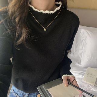 Long-sleeve Semi High-neck Plain Lace Trim Knit Top Black - One Size