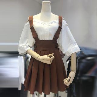 Set: Elbow-sleeve Off Shoulder Top + Pleated Jumper Skirt