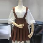 Set: Elbow-sleeve Off Shoulder Top + Pleated Jumper Skirt