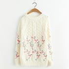 Embroidered Ribbed Long-sleeve Knit Sweater
