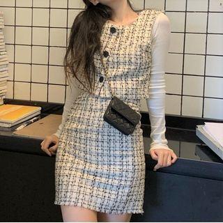 Single-breasted Tweed Vest / Mini Pencil Skirt
