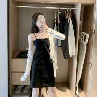 Contrast Trim Cardigan / Spaghetti-strap Drawstring Dress