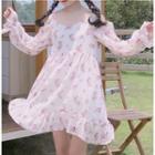 Floral Off-shoulder Long-sleeve Chiffon Dress As Shown In Figure - One Size
