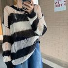 Striped Distressed Sweater / Fringed Hem Denim Midi A-line Skirt