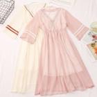 3/4-sleeve Striped Trim A-line Midi Dress