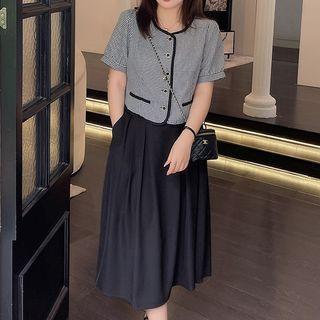 Set: Short-sleeve Button-up Plaid Top + Skirt