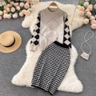 Set: Argyle Sweater + Plaid Midi Skirt Gray - One Size