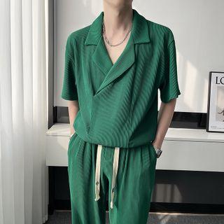 Set: Short-sleeve Ribbed Shirt + Wide Leg Pants