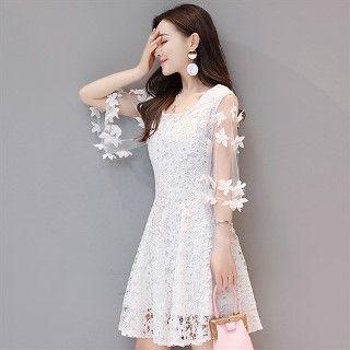 Elbow-sleeve Applique Lace Panel Dress