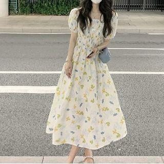 Puff-sleeve Floral Print Midi A-line Dress Yellow & Blue Floral - White - One Size