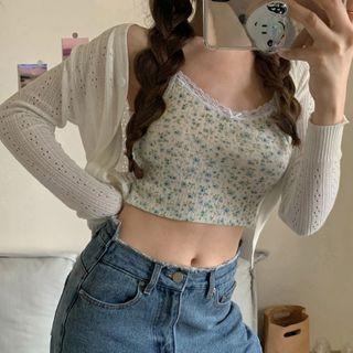 Floral Rib-knit Camisole / Cropped Pointelle Cardigan