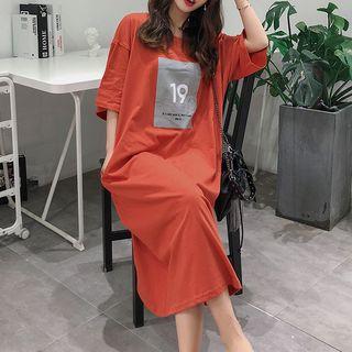 Elbow-sleeve Plain Crew-neck Print Lettering Crop Loose-fit Long Dress