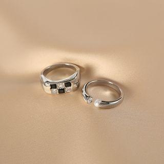 Checker Rhinestone Alloy Ring / Faux Pearl Alloy Open Ring