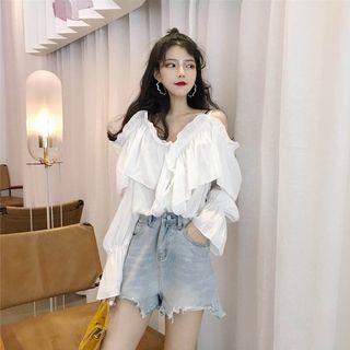 Off-shoulder Ruffled Chiffon Blouse White - One Size