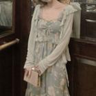 Sleeveless Drawstring Floral Dress / Long-sleeve Ruffle Trim Plain Chiffon Cardigan