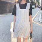 Set: Short Sleeve T-shirt + Square Neck Beaded Button Pinafore Dress