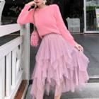 Set: Crew-neck Sweater + Mesh A-line Skirt Pink - One Size