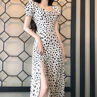 Dotted Puff-sleeve Slit Midi A-line Dress