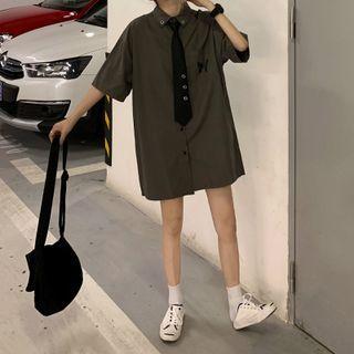 Elbow-sleeve Shirt Dress Gray - One Size