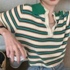 Cropped Knit Striped Short-sleeve Polo Shirt Green - One Size