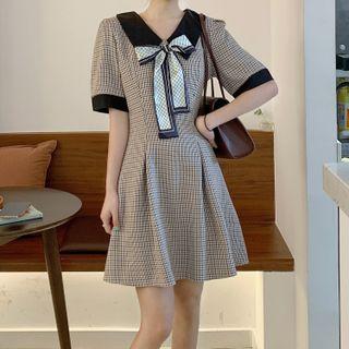 Bow-neck Plaid Mini A-line Dress