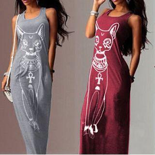 Sleeveless Cat Print Maxi Bodycon Dress