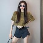 Leopard Print Elbow-sleeve T-shirt As Shown In Figure - One Size