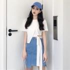 Short-sleeve Tie-waist Top / Mini Denim Skirt