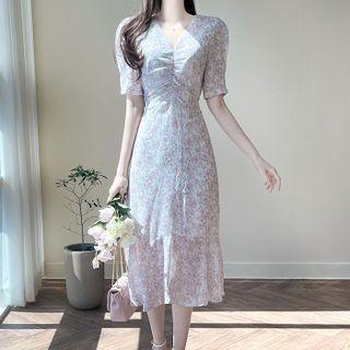 Shirred Floral Long Chiffon Mermaid Dress