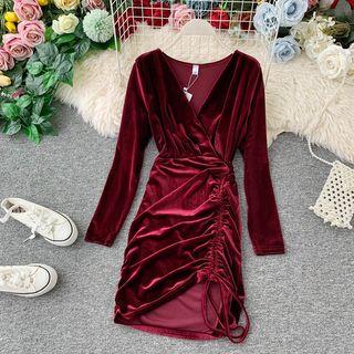 Long-sleeve Sheath Drawstring Velvet Dress