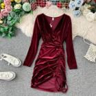 Long-sleeve Sheath Drawstring Velvet Dress