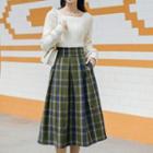 Set: Square-neck Sweater + Plaid Midi A-line Skirt