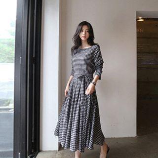 Set: Dolman-sleeve Plaid Top + Tie-waist A-line Skirt