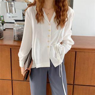 Long-sleeve Tie Waist Slit Plain Shirt