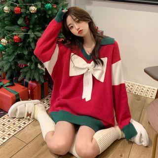 Bow Color Block Sweater Red - One Size