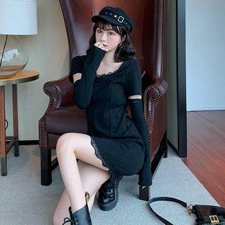 Set: Short-sleeve Lace Trim A-line Dress + Detachable Sleeves