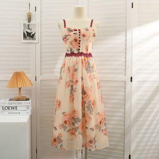 Sleeveless Lace-trim Printed Midi Dress