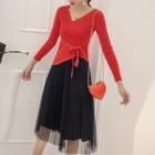 Set: Long-sleeve Knit Top + Pleated Midi Skirt