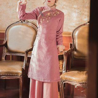 Set: Long-sleeve Floral Embroidery Midi Qipao Dress + Midi Skirt