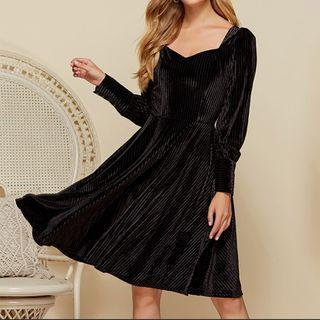 Long-sleeve Square-neck Corduroy Midi Dress
