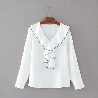 Frill Trim Loose-fit V-neck Plain Top