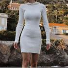 Long-sleeve Knit Pleated Mini A-line Dress