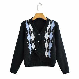 V-neck Argyle Cardigan Blue & Black - One Size
