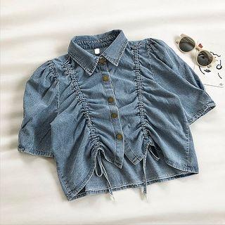 Plain Drawcord Puff-sleeve Denim Blouse Blue - One Size