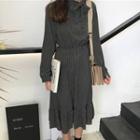 Bow Accent Patterned Long Sleeve Chiffon Dress