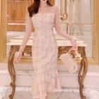 Long-sleeve Ruffle Hem Midi Sheath Tweed Dress